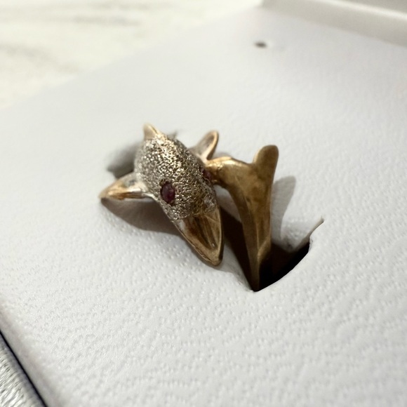 Vintage 14k Yellow Gold Dolphin Ring with Lab Created Ruby Eyes